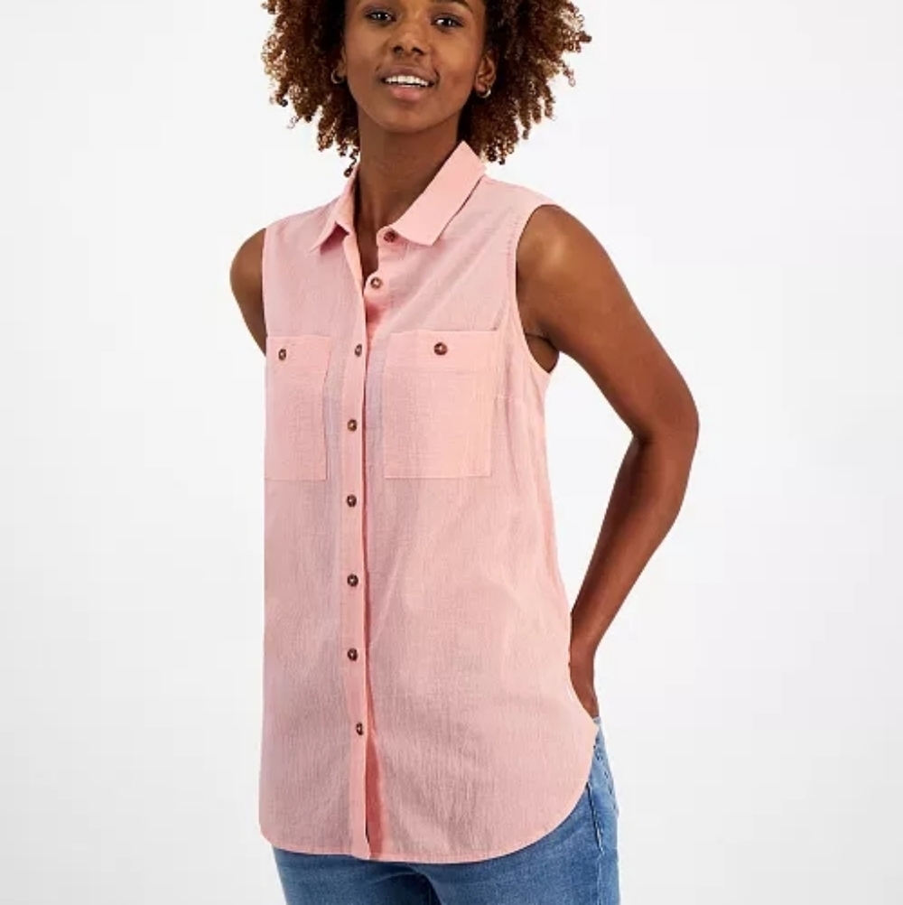 Nautica Pink Sleeveless Button-Down Shirt, 100% Cotton. Size S NWTs